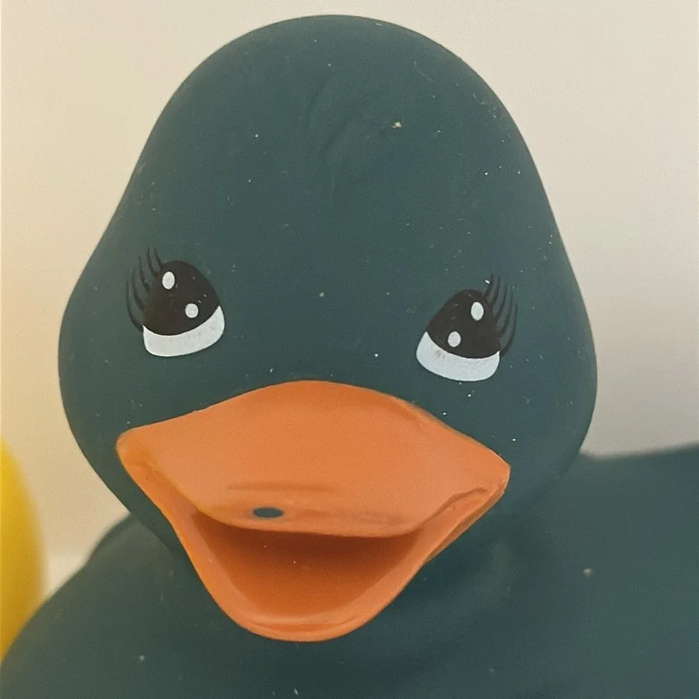 Set of 2 Rubber Ducks Yellow Glossy and Dark Matte Teal Bath Toys Collectible